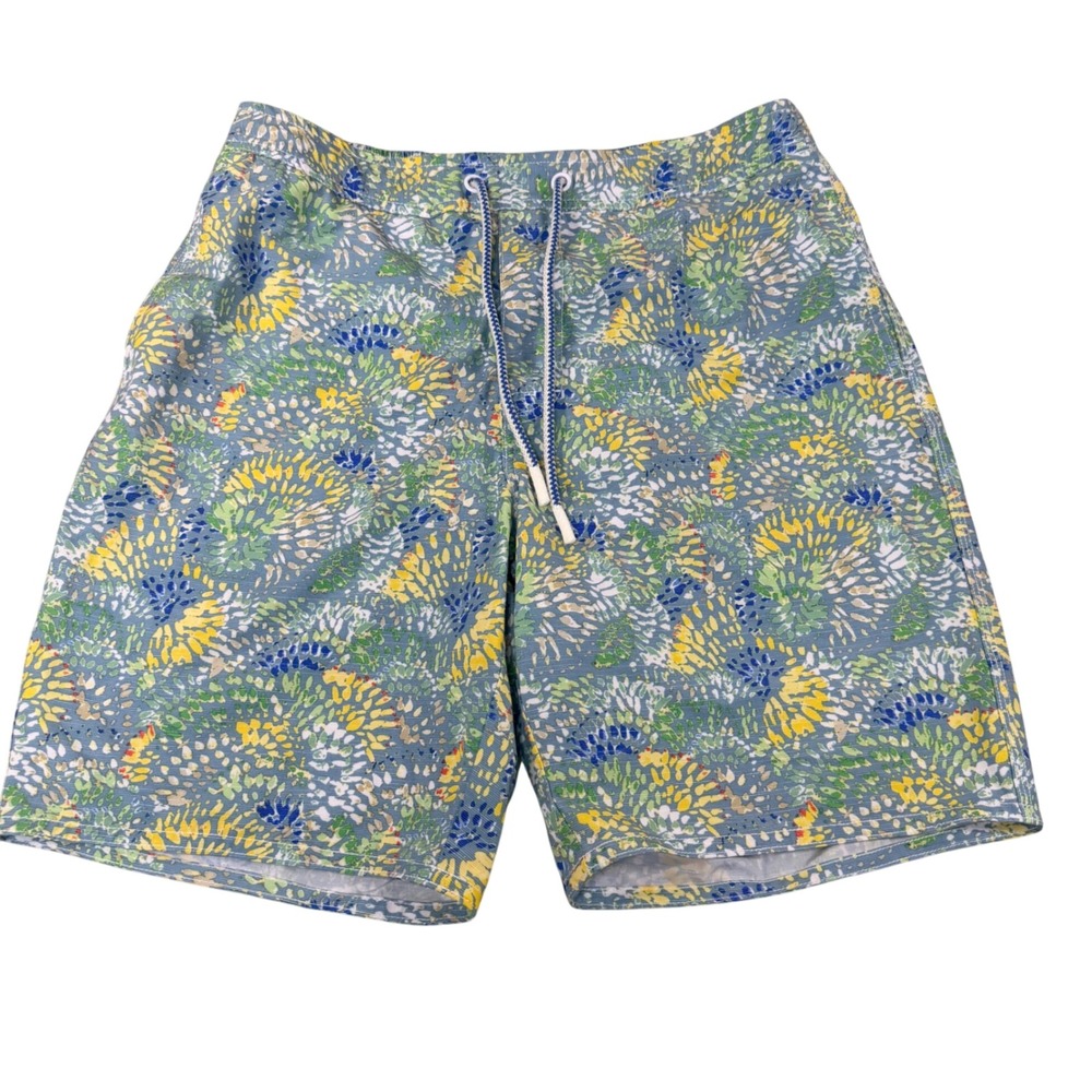 Johnnie-O Mens Swim Trunks Medium Blue Green Yellow Abstract Floral Board Shorts